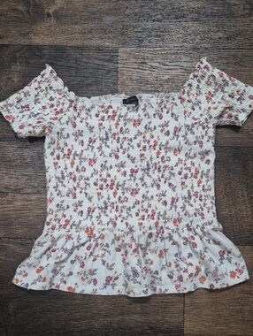Smocked Floral Off-Shoulder Crop Top - White with Pink & Orange Blooms